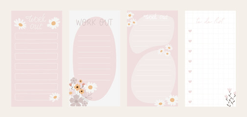 Collection of weekly or daily planners, note paper, to do lists, sticker templates decorated with cute daisies and trendy lettering. Fashion planner or organizer. Vector stock illustration.