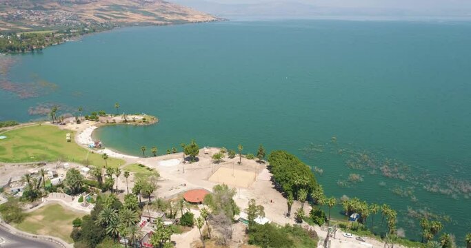 Aerial View of a lake, Sea of Galilee, Jordan Valley, Israel.