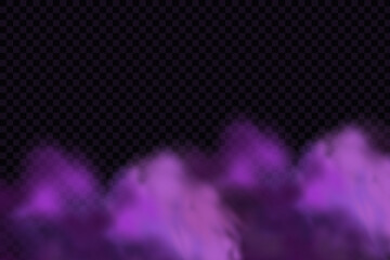 Realistic scary mystical clouds fog in night Halloween. Purple flows poisonous gas, dust and smoke effect.Vector set.