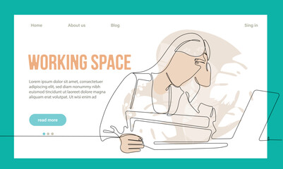 Coworking Space Landing Page Cartoon Template. Freelancers Team Working Online on Laptop. Business People Sharing Open Workspace. Outline Vector Illustration