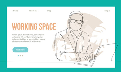 Coworking Space Landing Page Cartoon Template. Freelancers Team Working Online on Laptop. Business People Sharing Open Workspace. Outline Vector Illustration