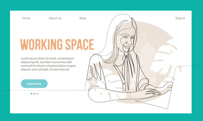 Coworking Space Landing Page Cartoon Template. Freelancers Team Working Online on Laptop. Business People Sharing Open Workspace. Outline Vector Illustration