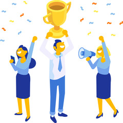 Team Success and victory. Golden cup isometric illustration