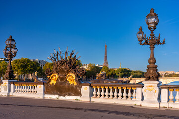 Fototapeta na wymiar Eiffel tower view from the Pont Alexandre III bridge over the Seine river, Paris. France