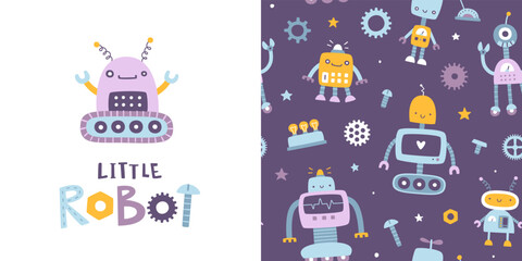Cute pattern with robots for kids.Funny seamless vector print set for baby textile and apparel.