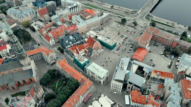 Riga, Latvia - August, 2022: Aerial Drone View Of The Most Famous Spiers Of The Old Town
