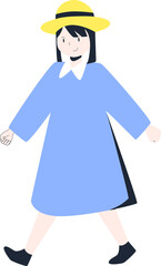 a woman with long black hair walks by wearing a long blue dress and black shoes with a yellow hat
