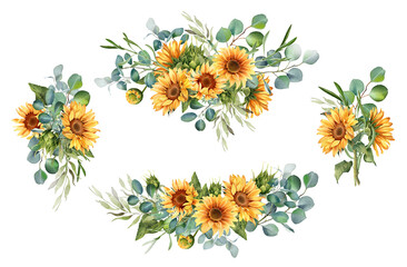 Sunflower and eucalyptus leaves bouquet. Watercolor floral clipart. Yellow flowers for rustic wedding design, thanksgiving decoration, fabric, greeting cards. Isolated on transparent background