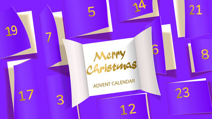 Christmas advent calendar door opening. Realistic an open wide doors with gold lettering on purple background. Template to reveal a message. Merry Christmas poster concept. Festive vector illustration