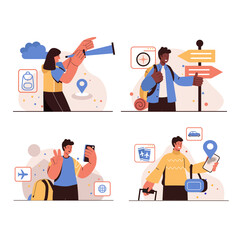 People traveling concept isolated scenes set. Men and women travelers with backpacks and luggage go on trip, flying on vacation, going hiking and choose route. Illustration in flat design