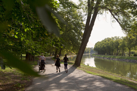Women jogging on path through park