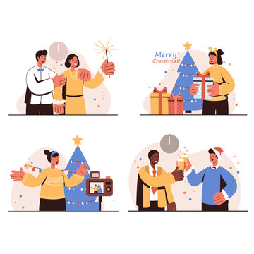 People celebrate Merry Christmas concept isolated scenes set. Men and women having fun at holiday party, giving gifts, drinking and taking photo by festive tree. Illustration in flat design