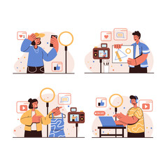 Video blogging people concept isolated scenes set. Men and women record video on camera or smartphone in a personal fashion or art blog, gamer streaming games. Illustration in flat design