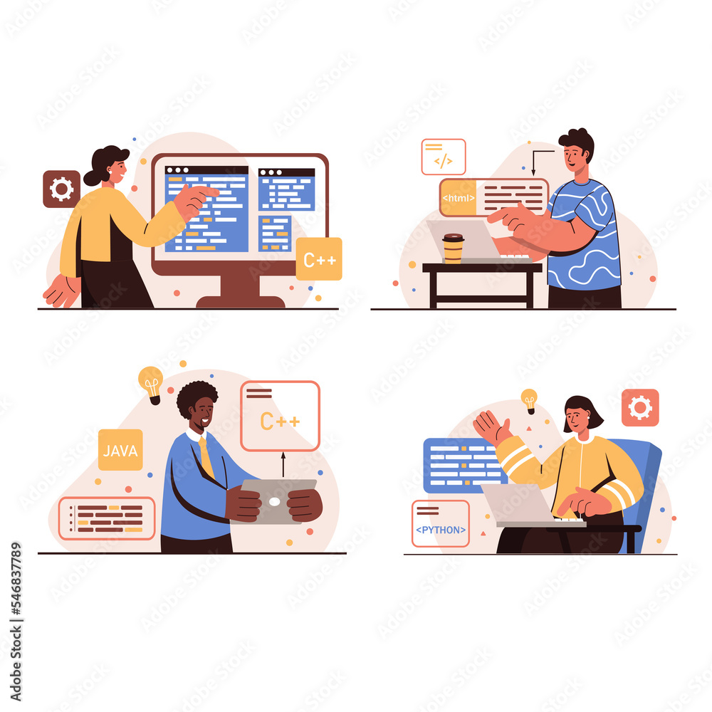 Aufkleber programming working people concept isolated scenes set. men and women work with different programmin