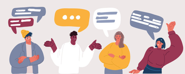 Vector illustration of People avatars with speach bubbles. Men and woman communication, talking llustration. Coworkers, team, thinking, question, idea, brainstorm concept.