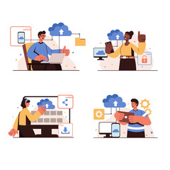 People using cloud computing concept isolated scenes set. Men and women upload files to cloud storage service, networking and wireless connection, data processing. Illustration in flat design