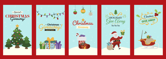 Fototapeta na wymiar Flat design Christmas stories collection. Greeting card, social media template design. Snowy background, vector illustration.