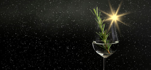 Christmas gin, beautiful glass of gin with green rosemary, golden star and snow fall against black background. Low light photo shot. - obrazy, fototapety, plakaty