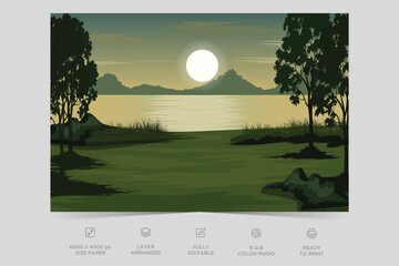 Fototapeta premium Beautiful landscape colorful river side nature scene flat illustration background design template