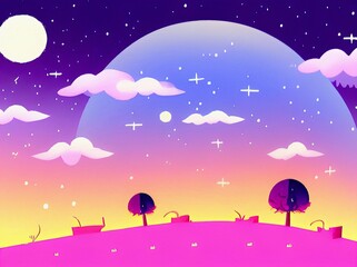 Magic nigh or evening landscape flat illustration. Shiny beautiful nature backdrop background, large size art print