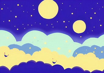 Magic nigh or evening landscape flat illustration. Shiny beautiful nature backdrop background, large size art print