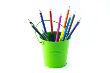 Color bucket with multicolor pencils, isolated on white background