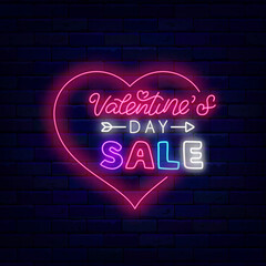 Valentines Day Sale neon label. Heart frame. February special offer. Holiday marketing. Vector stock illustration