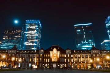 Fototapeta na wymiar Tokyo station Marunouchi exit lit up at night