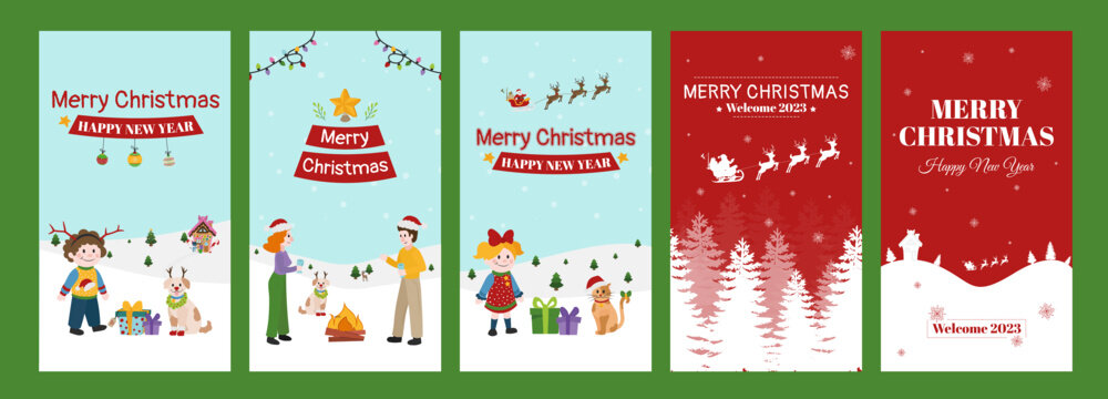 Merry Christmas and happy holidays social media story templates with cute characters. Greeting card design with cartoon elements. - Powered by Adobe