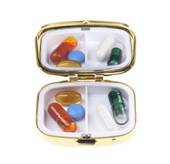 Medicine box with various tablets and vitamins on isolated white background