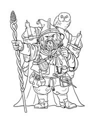 Dwarf with magic wand and owl. Coloring page with the magician. Coloring template with wizard.