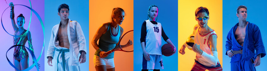 Collage. Young sportive people, athletes posing isolated over multicolored background. Concept of sport and lifestyle