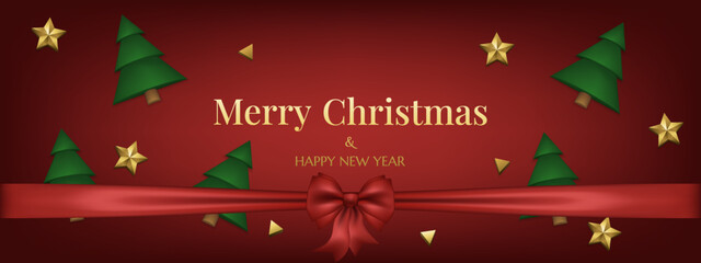 Red Christmas background banner decorated with 3d realistic carved golden stars, pine trees, bow. Horizontal gorgeous Christmas card. Winter season flyer Merry Christmas and New Year.