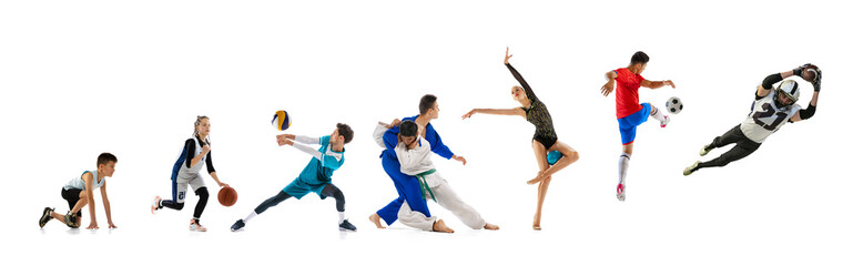 Collage of movements of young professional athletes in motion, training isolated over white background.