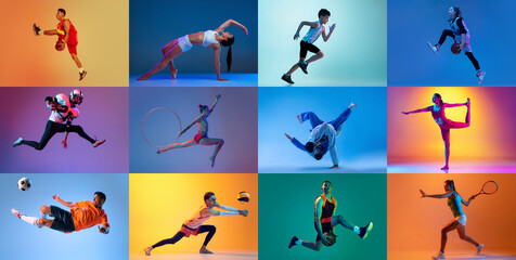 Collage. People, atheletes of different age doing various sports isolated over mulricolored...