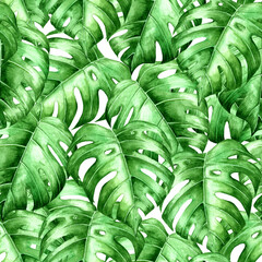 Obraz na płótnie Canvas watercolor seamless pattern with green tropical palm leaves, hand drawn botanical illustration