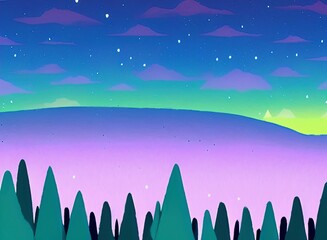 Magic nigh or evening landscape flat illustration. Shiny beautiful nature backdrop background, large size art print