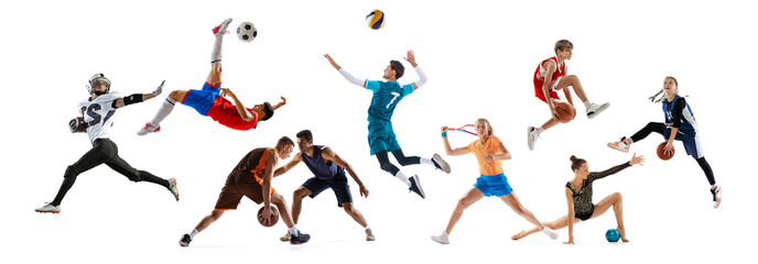 Collage. Different people, sportsmen in action, playing, training isolated over white background. Basketball, football, tennis, rhythmic gymnast, volleyball