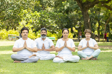 Mental health and fitness concept, Indian senior people wear white cloths do yoga meditation at summer park. Spirituality. Health care,  