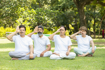 Fototapeta premium Group of indian senior people practicing pranayama breathing techniques in the park Mature man and woman wearing white cloths doing yoga together.