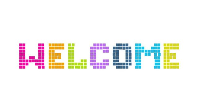 welcome animation. Out in box stylized motion animation with colored text
