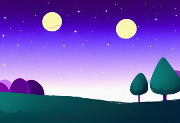 Obraz premium Magic nigh or evening landscape flat illustration. Shiny beautiful nature backdrop background, large size art print