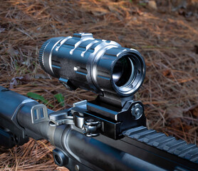 Magnifier sight on an assault rifle