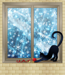 Merry Christmas winter window with xmas ball and  cat , vector illustration