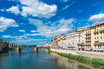 St Trinity Bridge from Ponte Vecchio over Arno River, Florence, Italy, Europe