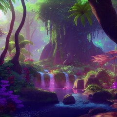 Fototapeta premium Beautiful Amazing and Mystery Great Deep Forest with Green Trees Plants Waterfall River Path. Concept Art Scenery. Book Illustration. Video Game Scene Serious Digital Painting. CG Artwork Background 