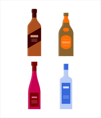 Bottle of whiskey, balsam, red wine, vodka. Icon bottle with cap and label. Great design for any purposes. Flat style. Color form. Party drink concept. Simple image shape