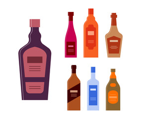 Set bottles of liquor wine balsam whiskey brandy vodka cognac. Icon bottle with cap and label. Graphic design for any purposes. Flat style. Color form. Party drink concept. Simple image shape