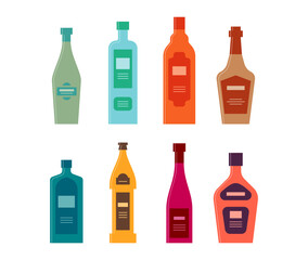 Set bottles of vermouth vodka rum whiskey gin beer wine liquor. Icon bottle with cap and label. Graphic design for any purposes. Flat style. Color form. Party drink concept. Simple image shape