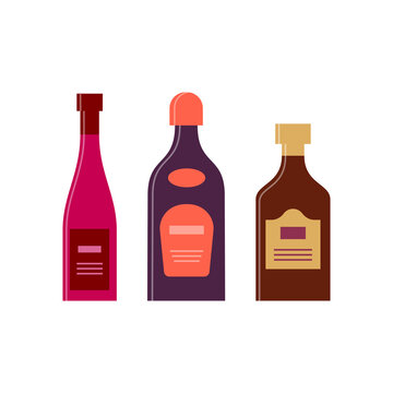 Bottle of red wine, liquor, rum and great design for any purposes. Flat style. Color form. Party drink concept. Simple image shape